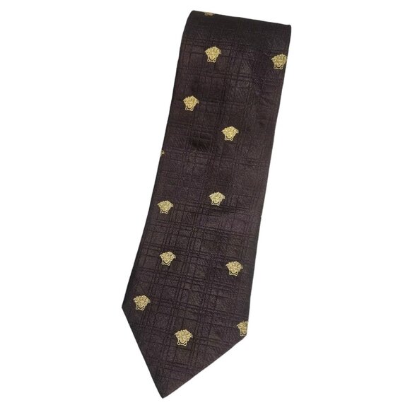 GIANNI VERSACE Men's Silk Tie LUXURY Burgundy Geometric Monogram Logo W:3.8" EUC - Picture 1 of 5
